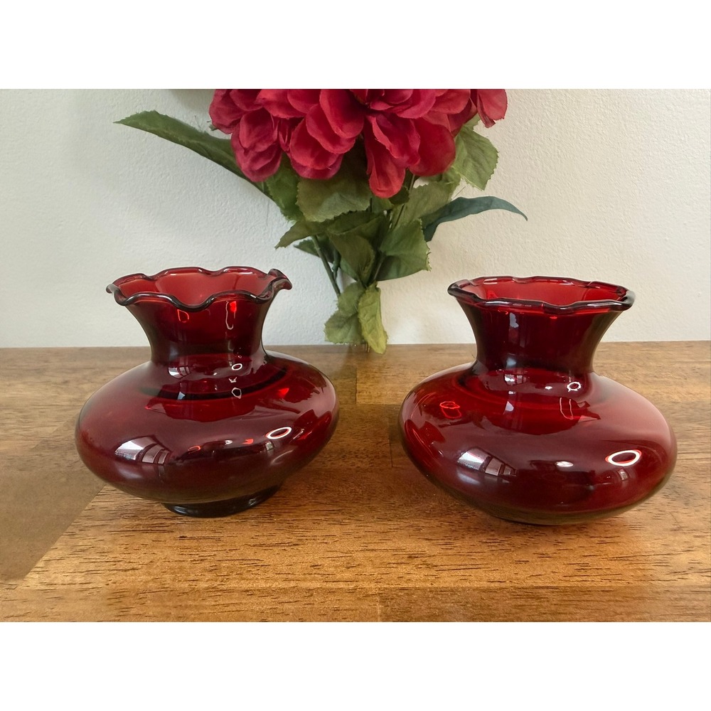Vintage Ruby Red Glass Ruffled‎ Rose Bowl Vase Pair Mid Century Art Glass Shelf